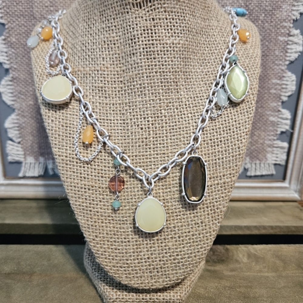Lia Sophia Mesa Satin Silver Tone Necklace With Colorful Glass And Resin Beads